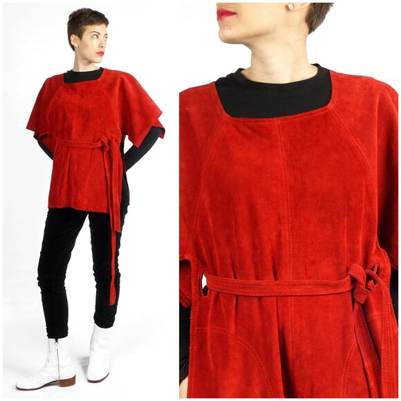 Vintage 1970s Scarlet Red Suede Leather Cape Poncho w Tie Belt by Beged-OrOS